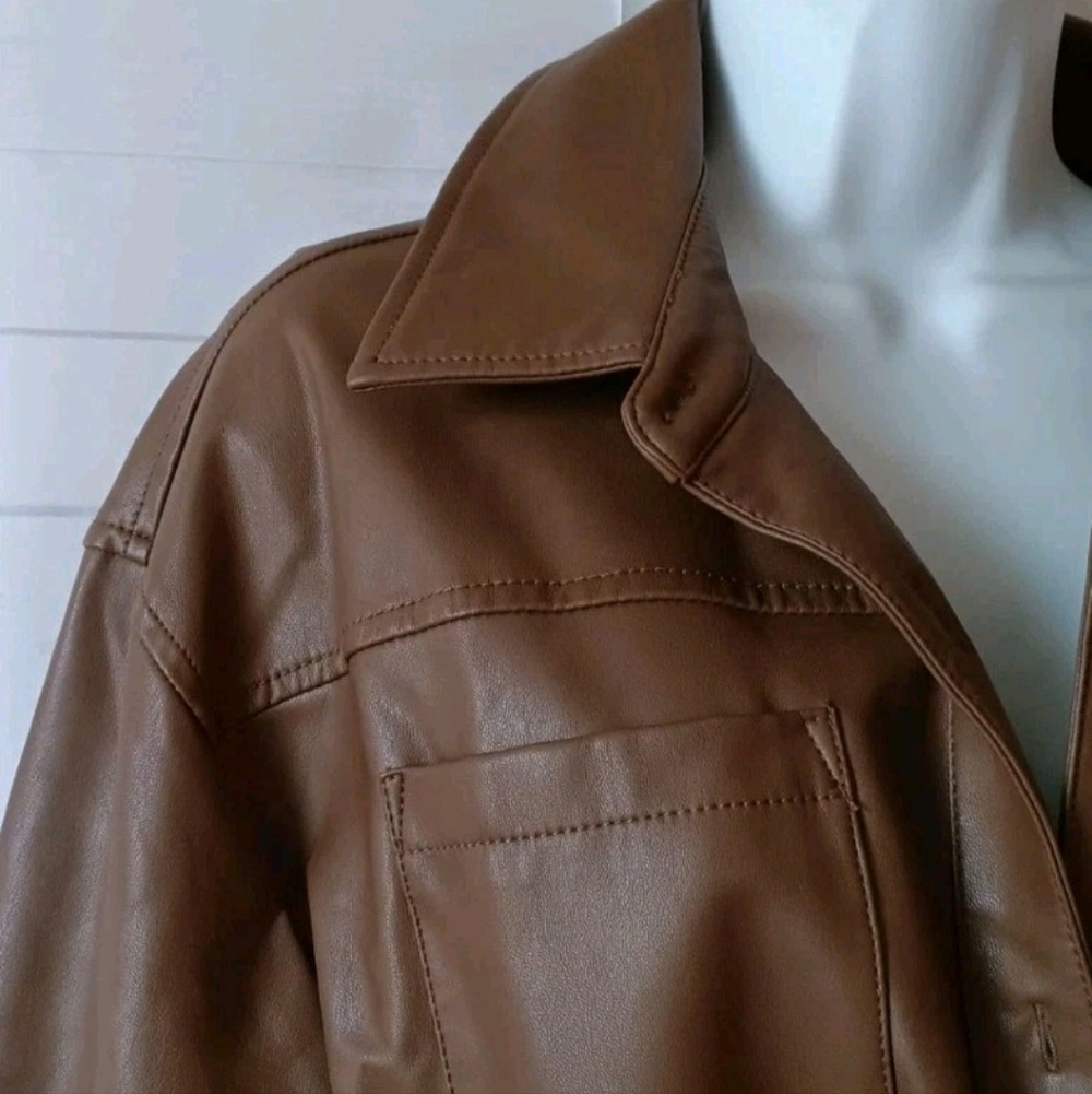 7 For All Mankind Brown Faux Leather Long Sleeve Shirt Dress with Belt - Picture 6 of 6
